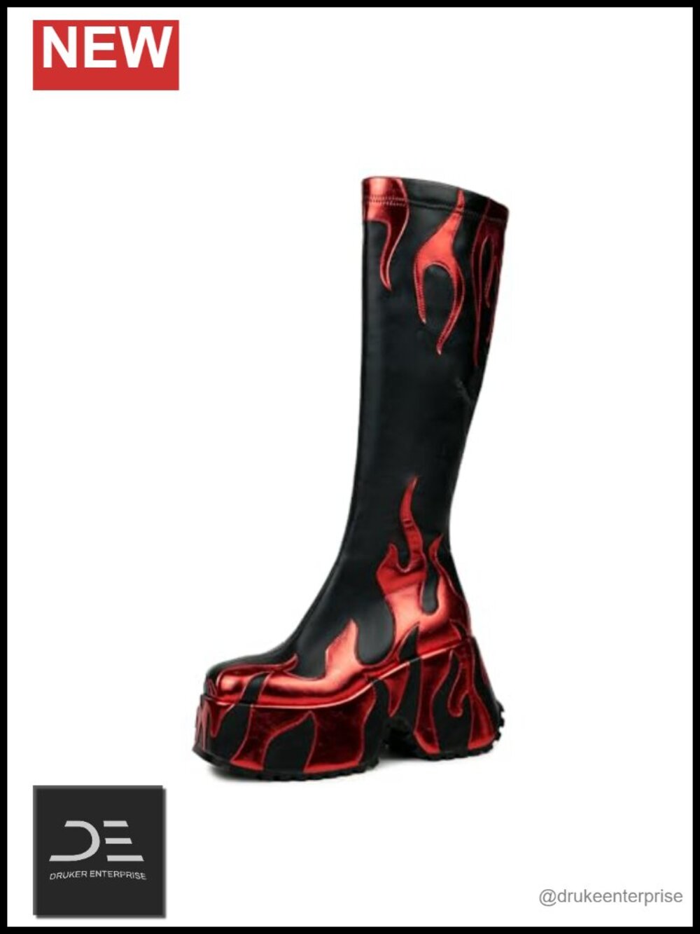 Faux Leather Side Zipper Chunky Heel Boots Round Toe Flames Ankle Boots